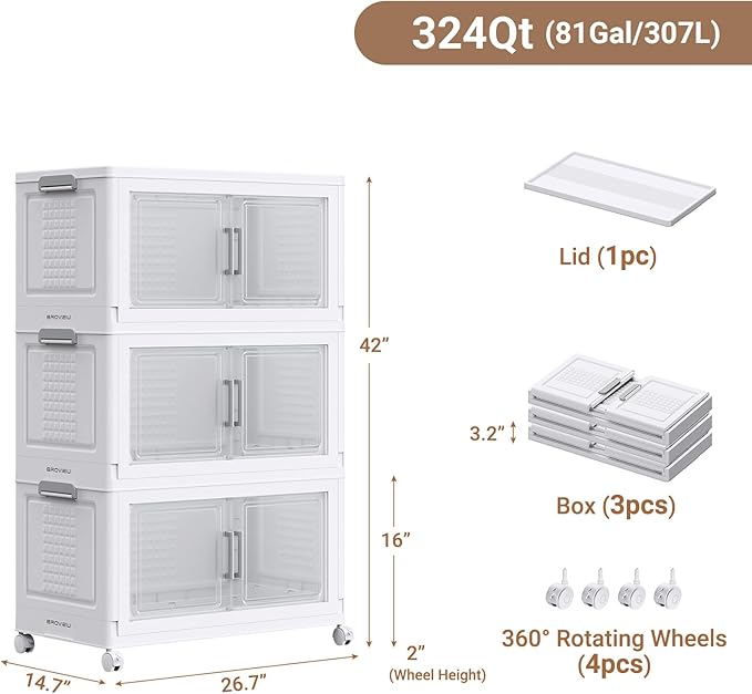 BROVIEW 324 Qt Plastic Storage Bins with Lid, Doors & Wheels, 3Pack Extra Large Stackable Collapsible Storage Bins, Closet Organizers and Storage Drawer, Foldable Cabinets for Home Office, White