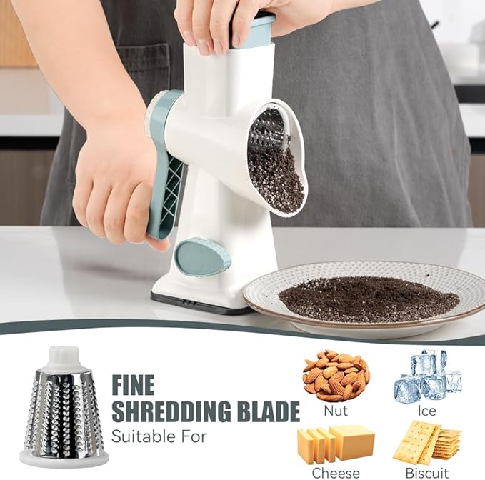 KEOUKE Rotary Cheese Grater Hand Crank White - Shredder Slicer Grinder 3 Stainless Steel Blades, Stable Suction, Labor-Saving Handle, Safe Kitchen Tool for Cheese, Vegetable, Nuts, Chocolate