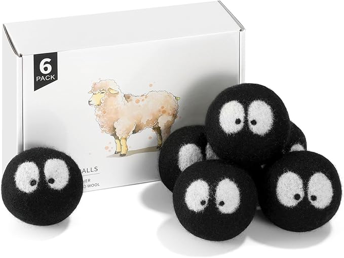 Wool Dryer Balls 6 Pack, Natural Fabric Softener, Dryer Balls Laundry Reusable, Reduces Clothing Wrinkles and Saves Drying Time (Black)