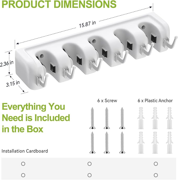 LETMY Broom Holder Wall Mount - Mop and Broom Hanger Holder - Garage Storage Rack & Garden Tool Organizer - 5 Position 6 Hooks Broom Rack for Home, kitchen, Garden, Tools, Garage Organization - White