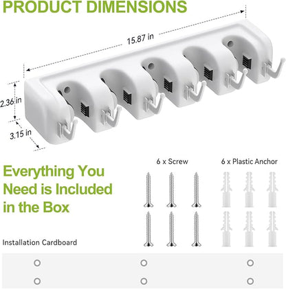 LETMY Broom Holder Wall Mount - Mop and Broom Hanger Holder - Garage Storage Rack & Garden Tool Organizer - 5 Position 6 Hooks Broom Rack for Home, kitchen, Garden, Tools, Garage Organization - White