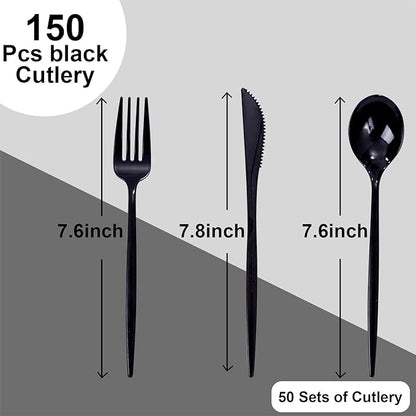 PULOTE 150PCS Black Plastic Silverware Set Disposable - Heavy Duty Black Plastic Cutlery - Black Plastic Utensils Set Include 50 Forks,50 Spoons,50 Knives for Party&New Year