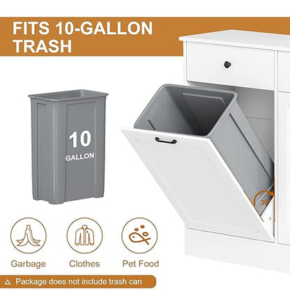 Double Tilt Out Trash Can Cabinet, 2 x 10 Gallon Wooden Trash Bin Cabinet with 2 Hideaway Drawers & Deodorizer, Freestanding Hidden Garbage Can Storage for Kitchen, Dining, Living Room, Pet-Proof Desi