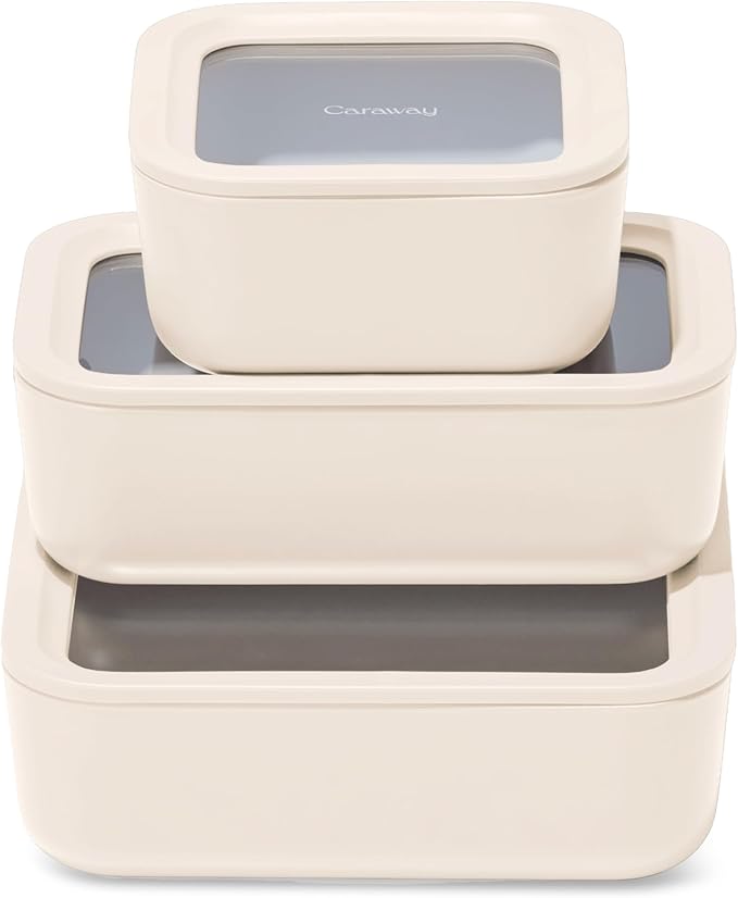 Caraway 3pc Glass Food Storage Set – 10 Cup, 6.6 Cup, & 4.4 Cup Food Containers - Ceramic Coated - Non Toxic Non Stick Lunch Box with Glass Lids - Dishwasher, Oven, & Microwave Safe - Cream