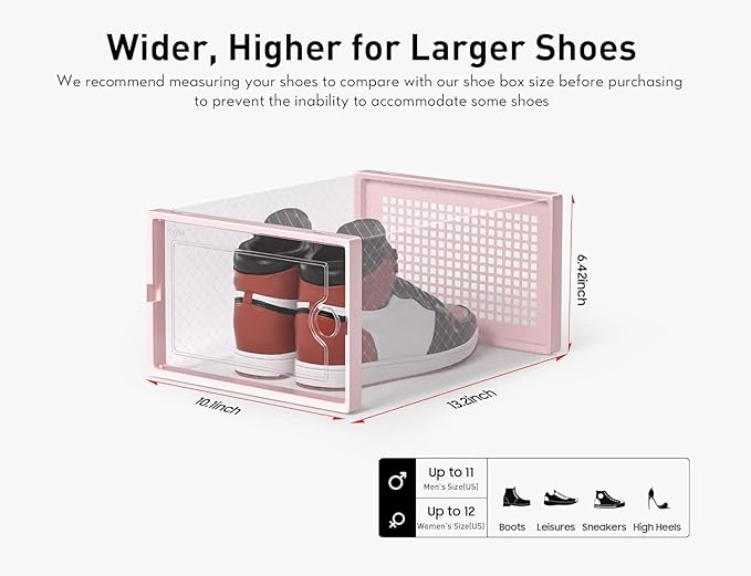 Kuject X-Large Shoe Storage Boxes Organizers Clear Plastic Stackable 12 Pack, Shoe Rack & Holder Substitute, Sneaker Containers, Toy Storage Organizer Bins for Entryway, Closet, Under Bed, Pink