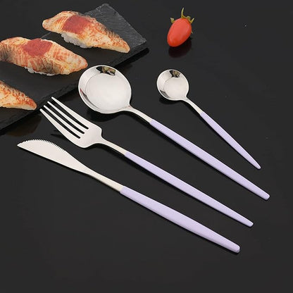 JASHII Flatware Set 24 Piece, Stainless Steel Silverware Set, Macaron Small Fresh Color Cutlery Set, Modern Elegant Tableware Set for Party, Christmas, Dinner (Purple Silver)