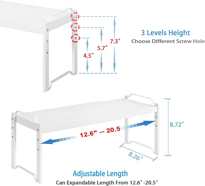 4 Pack Kitchen Cabinet Shelves Organizers, Kitchen Counter Storage Shelf Spice Rack, Expandable Length, Adjustable Height, Stackable, Sturdy 30LBS Bearing, Small Cupboard Tabletop Organizer Shelf Rack