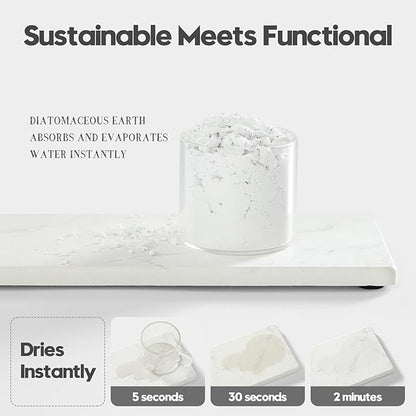 2PCS Diatomite Marble Tray Quick Drying Mat for Kitchen Counter, Water Absorbing Stone Vanity Caddy for Bathroom Sink,Faucet Splash Guard,Soap Dispenser Rack Sponge Holder Organizer, White, 9"x3.5"