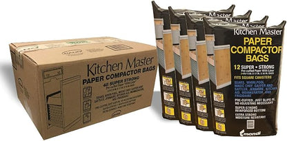 Kitchen Master Super Strong Compactor Bags (48 Pack) | Precuffed, Garbage Compactor Bags, Hardware for Kitchens, Paper Trash Bag, Kitchen Essential, Paper & Plastic Lined
