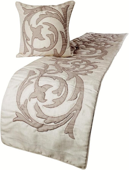 The HomeCentric Designer Ivory & Beige Full 68 x 18 inch Bed Runner Without Pillow Cover, Linen Lurex Applique Bed Scarf, Abstract Modern - Pretty Dainty