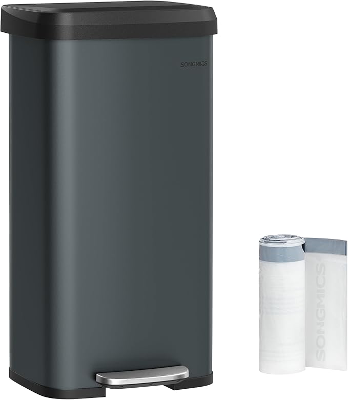 SONGMICS Kitchen Trash Can, 18-Gallon Stainless Steel Garbage Can, with Stay-Open Lid and Step-on Pedal, Soft Closure, Tall, Large and Space-Saving, Charcoal Gray and Black ULTB520G01