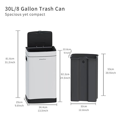 8Gallon/30L Brushed Stainless Steel Kitchen Trash Can with with Press Top Lid,Garbage Can with Inner Bucket(White)