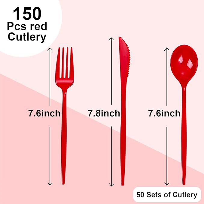 PULOTE 150PCS Red Plastic Silverware Set - Heavy Duty Plastic Cutlery - Red Utensils Disposable Include 50 Forks, 50 Spoons, 50 Knives for Party, Wedding & Mother’s Day