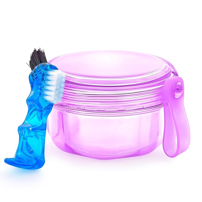Leakproof Denture Case Purple Denture Soaking Cup False Teeth Container, Dental Denture Bath Holder Storage Box Retainer Cleaner Case for Traveling - Leak Proof and Lid Waterproof