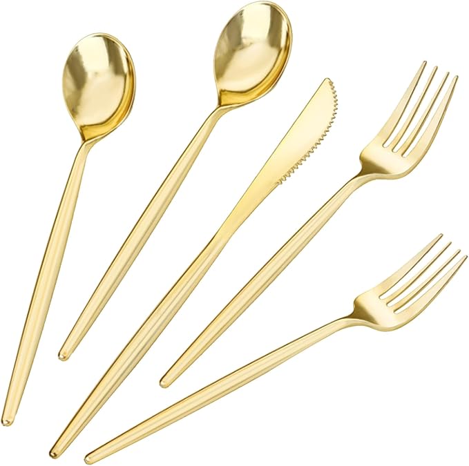 LIYH 360 Pcs Heavyduty Gold Plastic Silverware Set - Elegant Gold Silverware Disposable Utensils Set for Weddings, Parties & Events - Includes Forks, Spoons, Knives, Cutlery Tableware