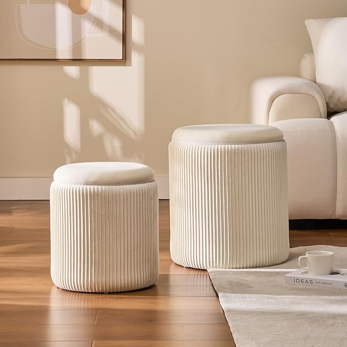 Round Set of 2 Ottoman with Storage-Upholstered Velvet Vanity Stool for Makeup Multifunctional Ottomans Coffee Table Padded Seat Foot Rest for Living Room&Bedroom（White）