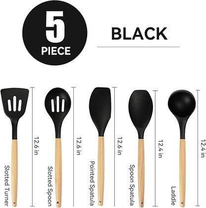 Non-Stick Silicone Cooking Utensils Set, 5 Pcs with Wooden Handle, Heat Resistant Silicone Kitchen Gadgets (Black)