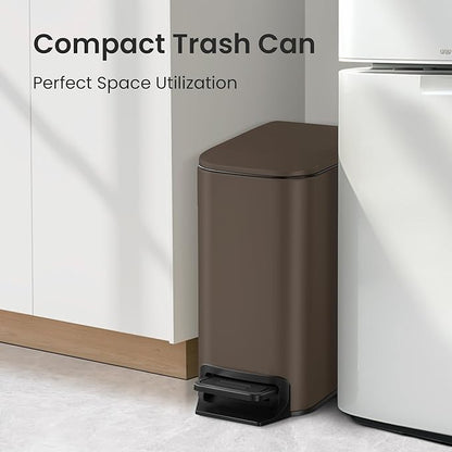 Cesun Small Bathroom Trash Can with Lid Soft Close, Step Pedal, 6 Liter / 1.6 Gallon Stainless Steel Garbage Can with Removable Inner Bucket, Anti-Fingerprint Finish (Brown)