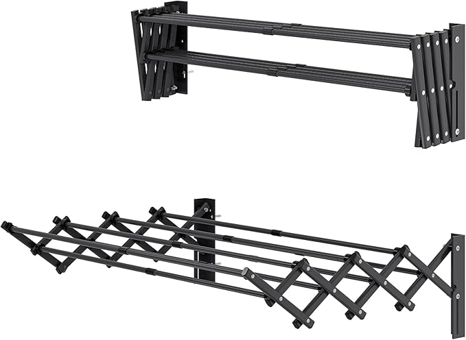 APEXCHASER Clothes Drying Rack Wall Mount, Laundry Drying Rack, Accordion Collapsible Clothes Airer, Towel Racks for Bathroom Balcony Laundry Room Wall Mounted, Drying Rack for Clothing, Black