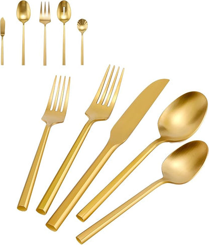 DEACORY Silverware Set with Serving Utensil Set Matte Gold Flatware Set Hand Forged Stainless Steel Cutlery Set 45 Pieces Matte Finished Hexagon Handle Service for 8, DE1004
