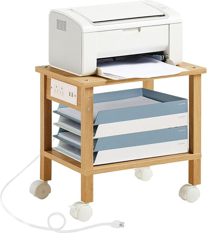 Lerliuo Under Desk Printer Stand with Charging Station, 2 Tier Wooden Small Printer Table with Storage, Rolling Printer Cart Shelf with Lockable Wheels for Home, Office (Natural)