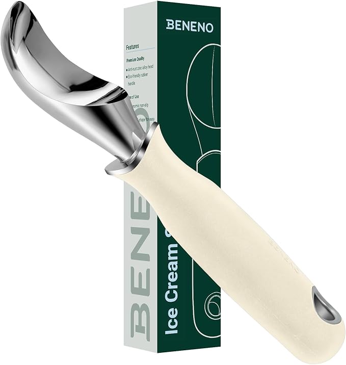 Beneno Heavy Duty Ice Cream Scoop - Upgraded Anti-Fracture Design, Comfortable Grip Long Handle, Effortless Scooping & Dishwasher Safe, Cream