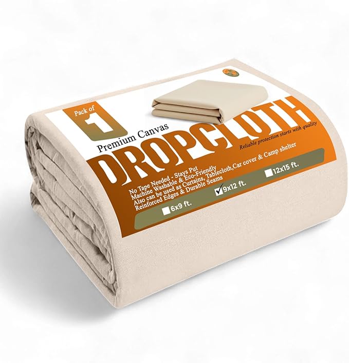 All Purpose Canvas Drop Cloths - Drop Cloth for Painting, Floor Cover, Heavy Duty Protection for Furniture & Surfaces, Reusable Painters Canvas Tarp for Renovation & Home (9x12 Feet)