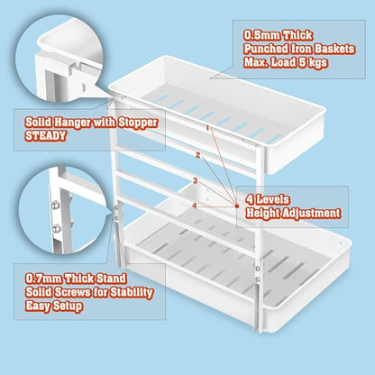 EVERIE Height Adjustable 2 Tier Metal Pull Out Slide Shelf Organizer for Framed or Frameless Under Sink Cabinets in Kitchen, Bathroom, with Snap-on Top Tray (White, 2 Sets)