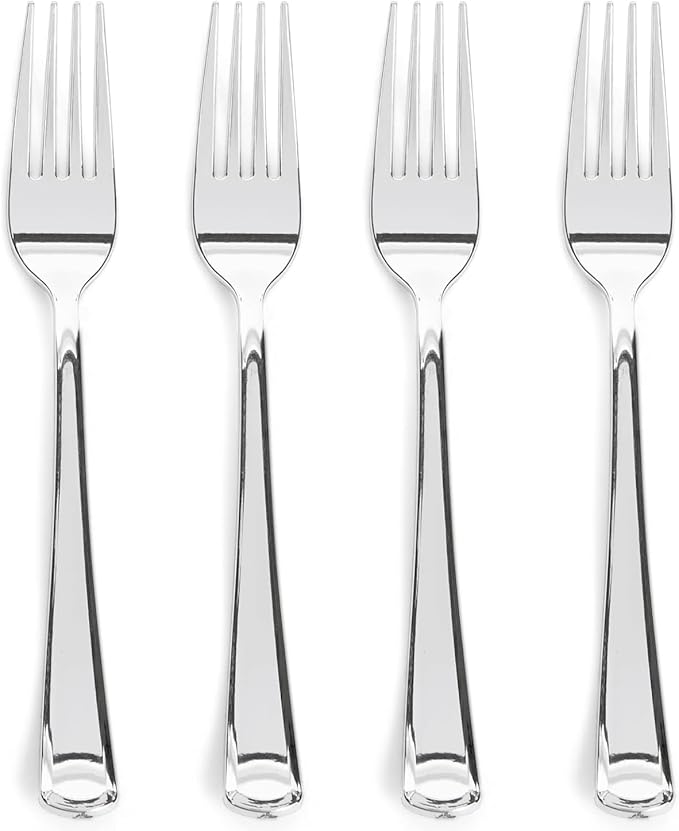 Prestee 300 Plastic Forks Heavy-Duty, Heavyweight Silverware Forks, Fancy Plastic Cutlery, Elegant Disposable Fork Pack, Bulk Disposable Flatware, Silver Fork for Christmas Holiday (Silver)