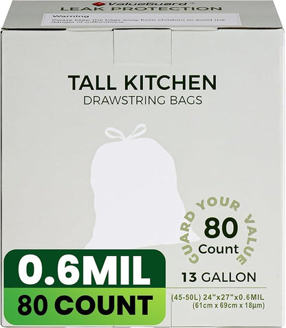 Large Trash Bag 13 Gallon Tall Drawstring 100% Post-Consumer Recycled Garbage Bag Waste Bag for Kitchen Office (80 Count, 0.6 Mil)