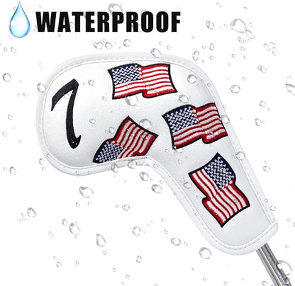 US Flag Golf Iron Covers Headcovers - 10pcs Patriotism Golf Club Covers for Irons - White Synthetic Leather Golf Iron Wedge Head Covers fits for PXG, Taylormade, Mizuno JPX MP, Etc.