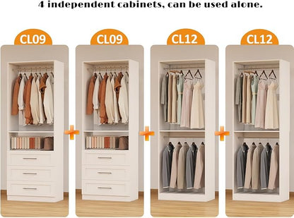 Closet System with 4 Sets, 8FT Closet Organizer Systems with 6 Wooden Drawers & 10 Hanging Rods, Walk in Closet Standalone Corner Closet System Modular Closet System Set White (8FT)