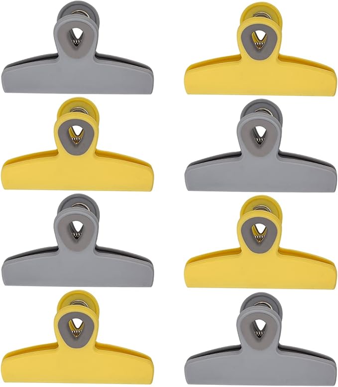 COOK WITH COLOR Bag Clips - Heavy Duty Chip Clip and Refrigerator Magnet Clips for Food Storage with Air Tight Seal Grip, Yellow and Grey, Pack of 8 Large Clips
