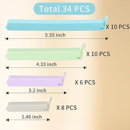 34 Packs Plastic Chip Clips for Food Storage - Resealable Sealing Clips in 4 Sizes (2.4"/3.2"/4.3"/5.5") - Light Colors