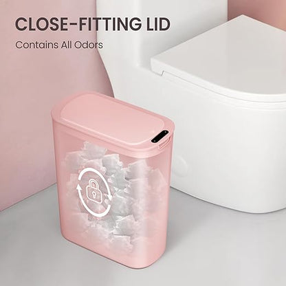Cesun Automatic Motion Sensor Bathroom Trash Can with Lid, 2.6 Gallon Touchless Trash Bin, Smart Plastic Slim Garbage Can Small Wastebasket for Toilet, Office, rv, Bedroom, Living Room, Pink