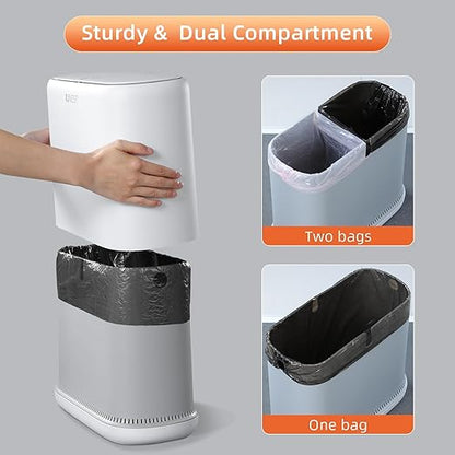 funest Bathroom Trash Can, 3.3 Gallon Slim Trash Can with Lid, Adsorption Garbage Can with Press-Top Lid, Small White Narrow Plastic Trash Bin for Bathroom, Office, Bedroom, Living Room
