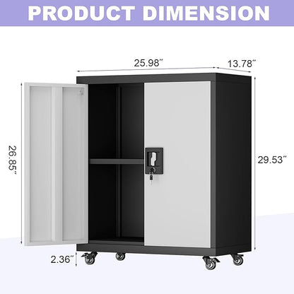 Metal Storage Cabinet with Wheels, Steel Mobile Garage Cabinets with Lockable Door and Adjustable Shelf, Metal Rolling Tool Cabinet, Utility Cabinet for Home, Office, Black+Gray