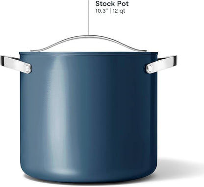 Caraway Stock Pot - 12 Qt Ceramic Coated With Lid - Free From Forever Chemicals - Large for Bigger Batches - Navy