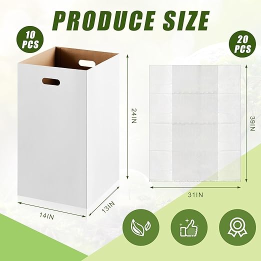 10 Pack 20 Gallon Corrugated Cardboard Trash Cans Bulk for Events Parties Disposable and Reusable Cans Bottle Recycling Bins with 20 Garbage Bags White Garbage Boxes for Outdoor Events