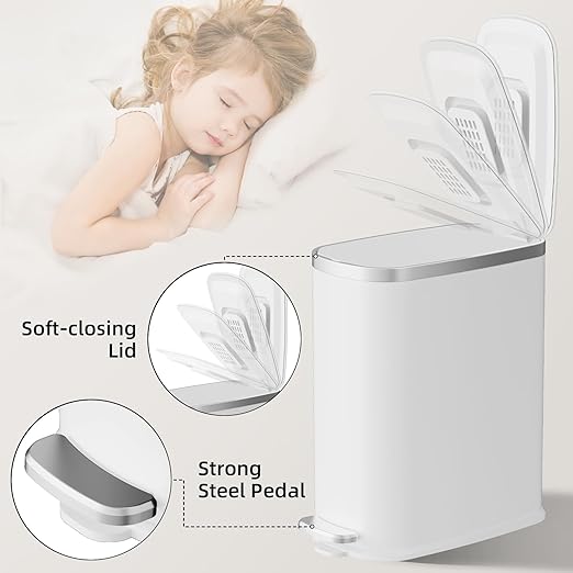 KUK Slim Bathroom Trash Can with Lid Soft Close, Step Pedal, 2.6 Gal/ 10L Stainless Steel Garbage Can with Removable Inner Bucket, Anti-Fingerprint Wastebasket for Office, Bedroom, Toilet (White)