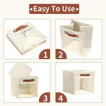HNZIGE Fabirc Storage Cubes Bin 13x15x13 Clear Storage Cube, 4 Pack Foldable Cloth Cubby Storage Bins for Cube Organizer Closet Cabinet, Large Fabric Storage Bins for Shelves Organizer Bins- Cream