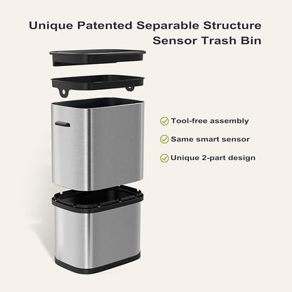 16 Gallon Kitchen Trash Can with Lid, 60L Touchless Motion Sensor Trash Can, Waterproof Brushed Stainless Steel Trash Bin, Automatic Garbage Can for Bedroom, Bathroom, Office, Living Room