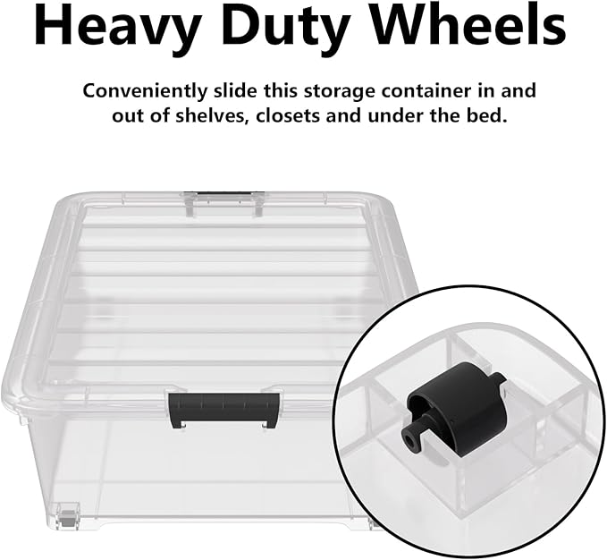 50 Quart Multipurpose Under Bed Storage Container Bins with Secure Latch Lid & Wheels, Underbed Storage Organizer Box, 3-Pack, Clear