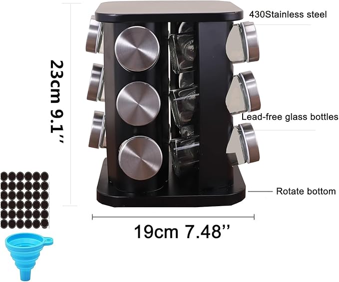 Spice Rack, Spice Rack Organizers for Countertop, Rotating Countertop Spice Rack, Revolving Spice Rack for Kitchen, Kitchen Gadgets, Organizer Rack with Spice Jars (Black, SquareHead_12Jars)