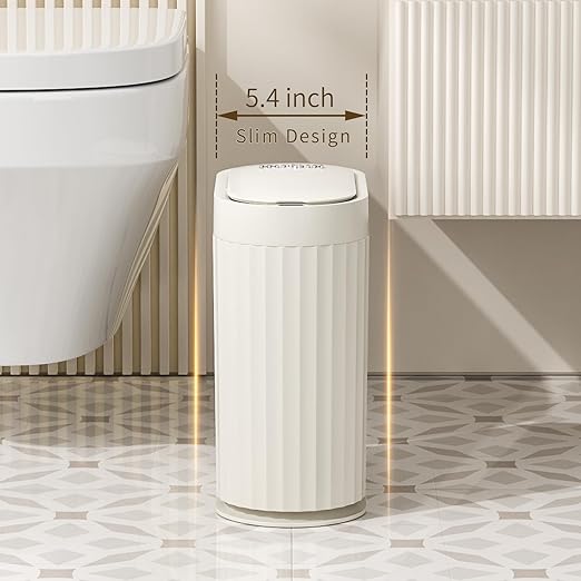 MRBIN Small Trash Can for Bathroom, Automatic Touch Less Garbage Bin with Lid, 2 Gallon Plastic Slim Waste Basket for Office and Kitchen, Electric Motion Sensor Bedroom Bin, Cream White