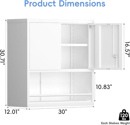 Metal Wall Storage Cabinet, Steel Storage Cabinets with Locking Doors and Shelves, Hanging Cabinet with Guard Bar, Ideal for Kitchen, Laundry, Home Office