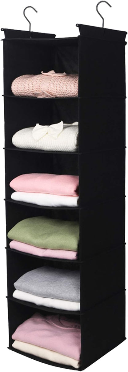 MAX Houser 6 Tier Shelf Hanging Closet Organizer, Closet Hanging Shelf with 2 Sturdy Hooks for Storage, Foldable (Black)