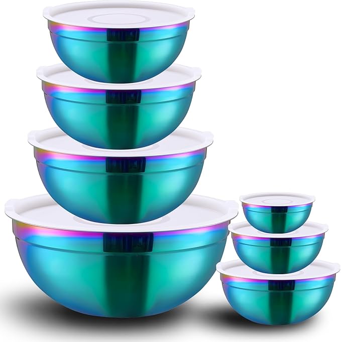 Rainbow Mixing Bowls with Lids Set of 7, Stainless Steel Nesting Bowl with Khaki Lid for Non-slip Mixing Prepping Storing Serving, 7 Sizes-7/3.6/2.7/2.1/1.5/1/0.8 QT