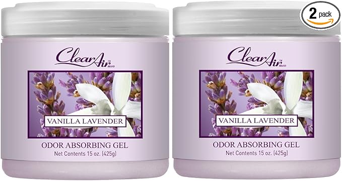 Clear Air Odor Absorber Gel - 15 oz, Pack of 2 - Air Freshener Absorbs and Eliminates Odors in Bathrooms, Cars, Boats, RVs and Pet Areas - Made with Essential Oils - Lavender Vanilla Scent