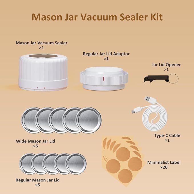 Fully Automatic Mason Jar Vacuum Sealer Kit - Auto Stop Mason Jar Vacuum Sealer Kit, Jar Vacuum Sealer for Mason Jars, Jar Vacuum Sealer, A Must-Have for Canned Foods Pantry Canning Pickling